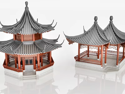 Chinese Traditional Pavilion Models With Wooden Structure And Tiled Roof Designs 3d model