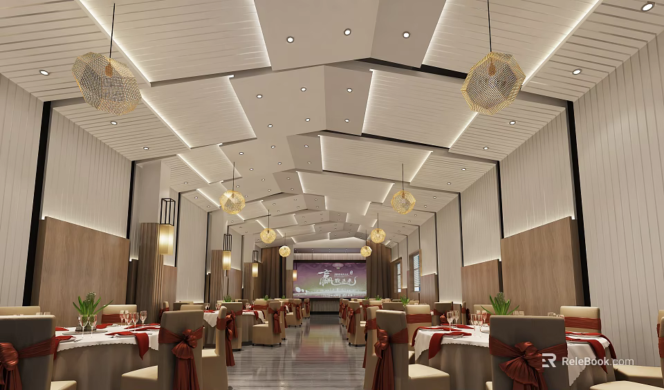 Banquet Hall White Panel Ceiling Golden Pendant Lights Wooden Walls Arranged Tables Red Ribbon Decor 3d model 