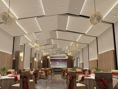 Banquet Hall White Panel Ceiling Golden Pendant Lights Wooden Walls Arranged Tables Red Ribbon Decor 3d model