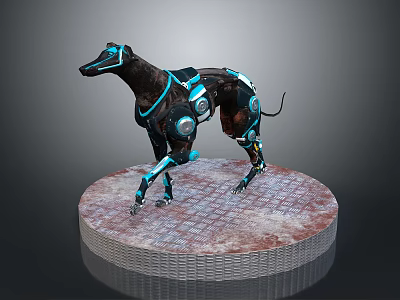 Detailed Cybernetic Greyhound Mechanical Dog With Black Body Blue Accents And Platform Base 3d model