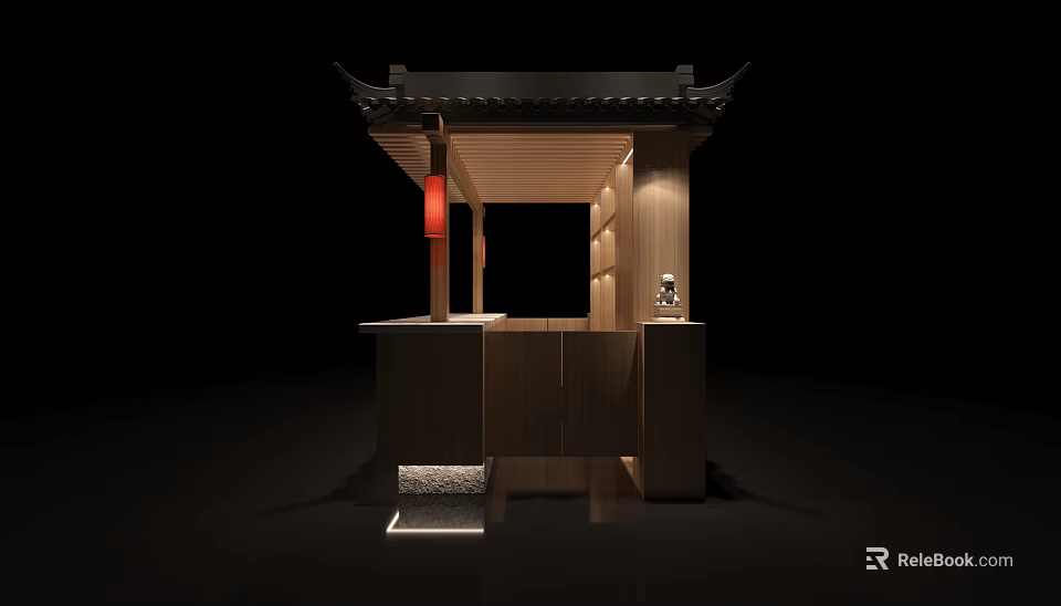 Traditional Chinese Style Wooden Reception Desk With Classic Roof And Red Lantern Decorations 3d model 