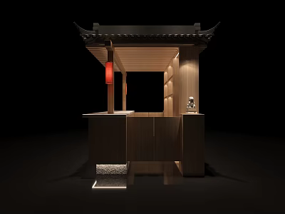 Traditional Chinese Style Wooden Reception Desk With Classic Roof And Red Lantern Decorations 3d model