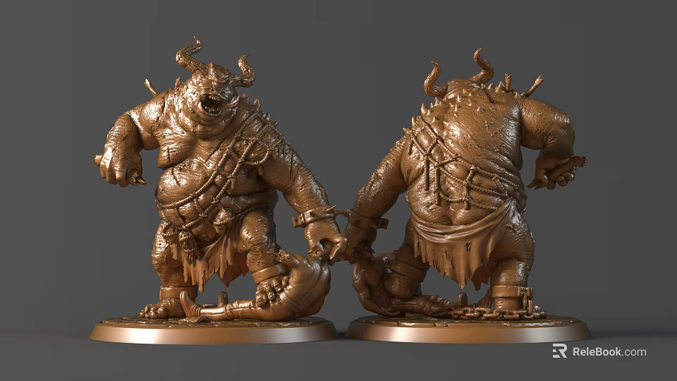 Detailed Mythical Monster Sculpture Carving with Horns Muscular Body and Chains Two Views 3d model 