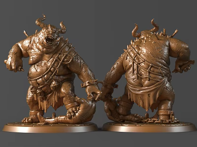 Detailed Mythical Monster Sculpture Carving with Horns Muscular Body and Chains Two Views 3d model