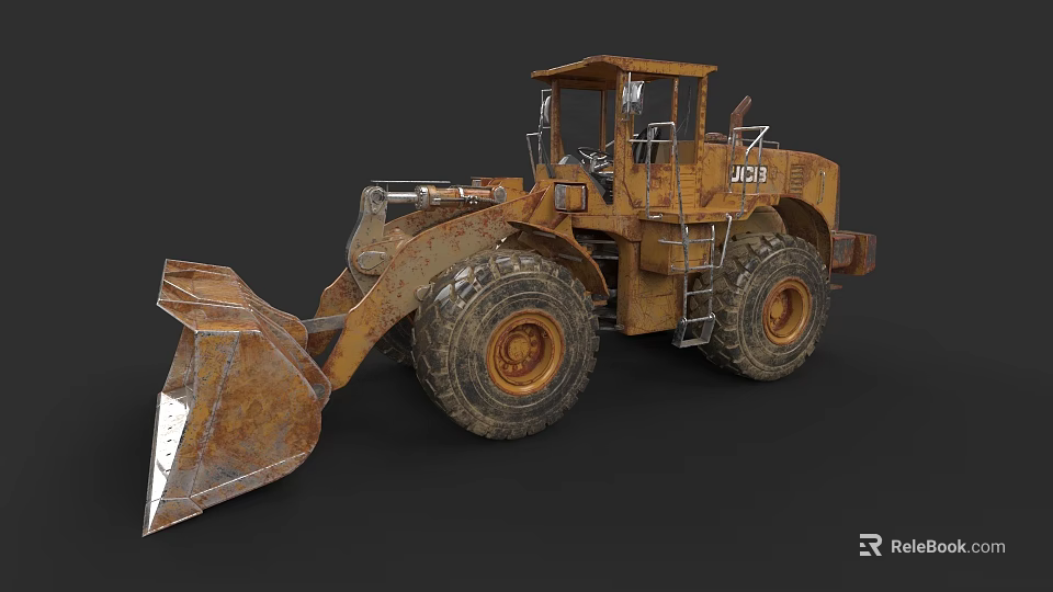 Yellow Rusty JCB 333 Construction Loader With Cab Large Bucket And Tires 3d model 