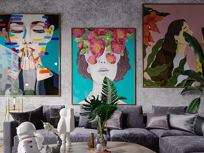 Modern Sectional Sofa with Decorative Pillows Green Plants and Wall Art 3d model