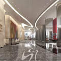 Modern Lobby Front Desk Reception with Curved Ceiling Lights Red Sofas and Marble Flooring 3d model