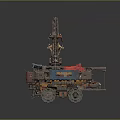 Mechanical Construction Vehicle With Red Blue Body And Crane Arm On Sandy Ground