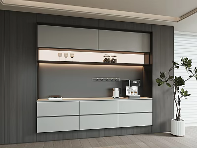 Modern Sideboard Interior Design With Gray White Cabinets Wooden Panels LED Lighting And Decorative Plants 3d model