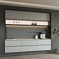 Modern Sideboard Interior Design With Gray White Cabinets Wooden Panels LED Lighting And Decorative Plants