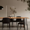 Wooden Dining Table Set With Black Chairs Pendant Light And Vase In Gray Minimalist Room