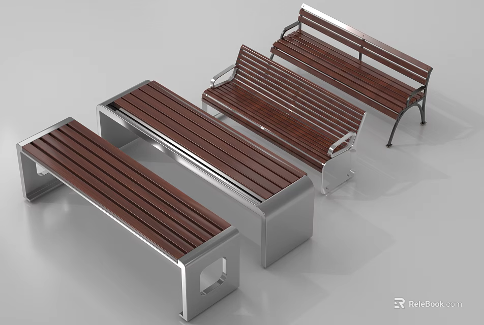Modern Outdoor Benches With Wooden Slats And Metal Frames For Outdoor Spaces 3d model 