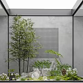Tranquil Indoor Landscape With Tall Bamboo Rocks Green Plants And Grid Pattern Wall 3d model