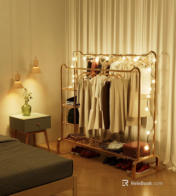 Gold Clothing Rack With Fairy Lights In Cozy Bedroom 3d model 