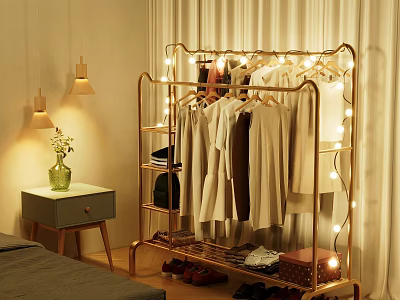 Gold Clothing Rack With Fairy Lights In Cozy Bedroom 3d model