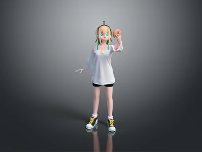 Kid in White Long Sleeve Shirt Black Shorts Holding Donut with Yellow Sneakers Standing Pose 3d model