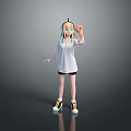 Kid in White Long Sleeve Shirt Black Shorts Holding Donut with Yellow Sneakers Standing Pose