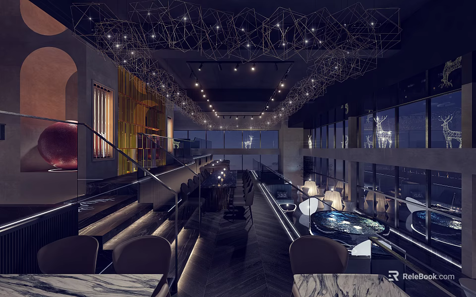 Modern Restaurant Interior With Geometric Pendant Lights Comfortable Seating And City View Windows 3d model 