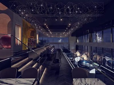 Modern Restaurant Interior With Geometric Pendant Lights Comfortable Seating And City View Windows 3d model