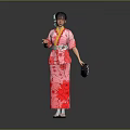 Japanese Woman In Pink Kimono With Red Patterns And Hair Accessory Holding Small Bag