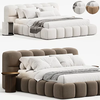 Modern Double Bed With Padded Headboard And Footboard White Pillows Gray Blanket And Nightstand 3d model