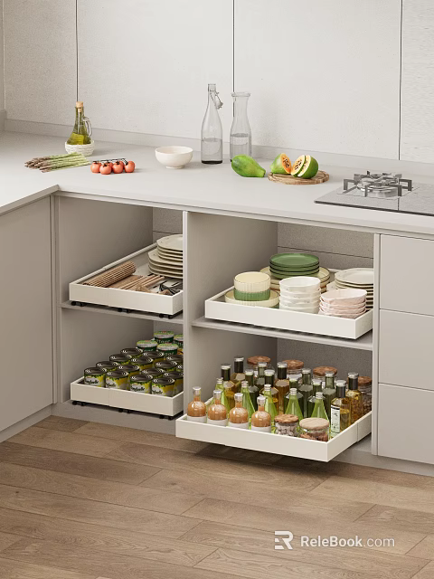 Kitchen Cabinet Interior With Drawers Storing Dishes Bowls And Condiment Jars 3d model 