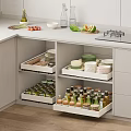 Kitchen Cabinet Interior With Drawers Storing Dishes Bowls And Condiment Jars