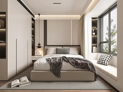 Elegant Modern Bedroom Interior With Upholstered Bed Plush Pillows And Area Rug 3d model