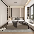 Elegant Modern Bedroom Interior With Upholstered Bed Plush Pillows And Area Rug