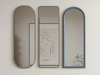 Decorative Wall Mirrors in Oval Rectangular Arched Shapes with Line Art and Plant Decor 3d model