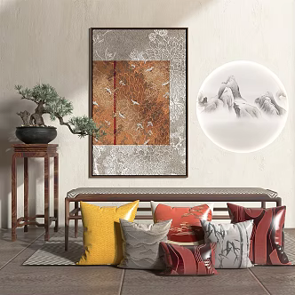 New Chinese Style Sofa Stool Decorative Painting Pillow Combination 3d model