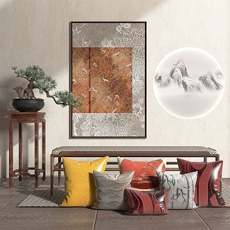 New Chinese Style Sofa Stool Decorative Painting Pillow Combination 3d model