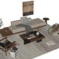 Modern Sofa And Coffee Table Set With Beige Fabric Wooden Table Decorative Painting And Plants