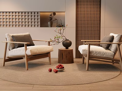 Two Leisure Chairs Wooden Frame White Cushions Gray Pillows on Round Carpet Wooden Stool Vase Lattice Wall Design 3d model