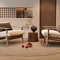 Two Leisure Chairs Wooden Frame White Cushions Gray Pillows on Round Carpet Wooden Stool Vase Lattice Wall Design