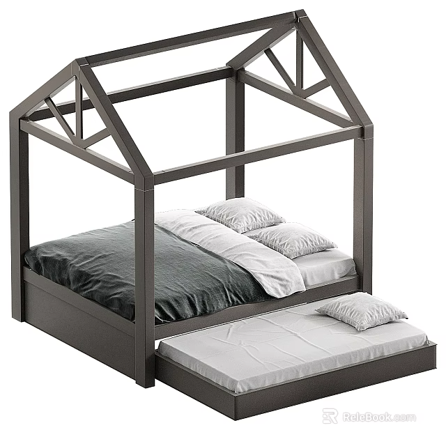 House Shaped Frame Double Bed With Trundle And Gray Bedding 3d model 