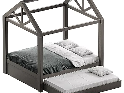 House Shaped Frame Double Bed With Trundle And Gray Bedding 3d model