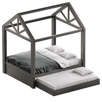 House Shaped Frame Double Bed With Trundle And Gray Bedding 3d model