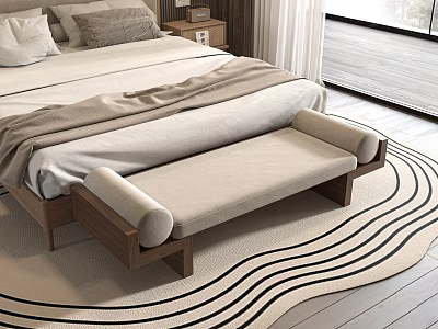Modern Bedroom Interior Design With White Bed Pillows Beige Wooden Bench And Wavy Rug 3d model