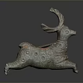 Ancient Bronze Deer Sculpture in Running Posture With Intricate Patterns and Green Patina