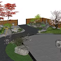 Japanese Garden Courtyard With Wooden Pavilion Red Maple Cherry Blossom Trees Stone Path Water Feature