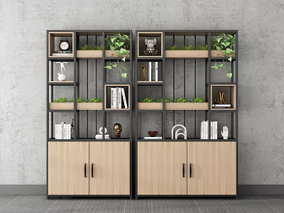 Modern Display Shelves Featuring Metal Frames Wooden Cabinets Green Plants Books And Decorative Items 3d model