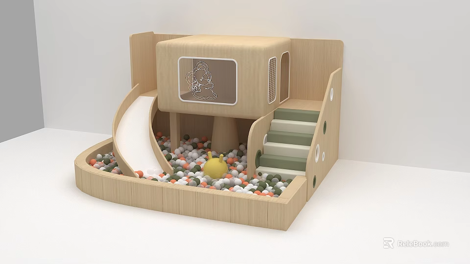 Wooden Kids Playground With Slide Stairs And Colorful Ball Pit Yellow Toy 3d model 