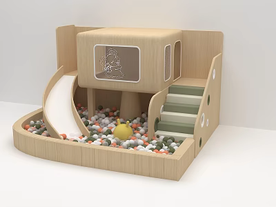 Wooden Kids Playground With Slide Stairs And Colorful Ball Pit Yellow Toy 3d model