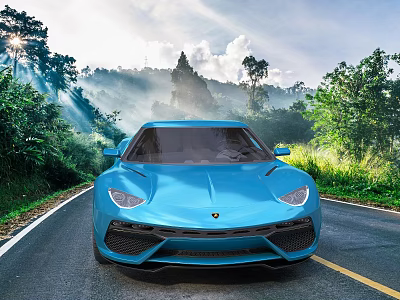 Blue Sports Car Parked On Mountain Road Surrounded By Green Trees And Sunlight 3d model