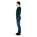 Man With Arms Outstretched Wearing Dark Green Shirt Blue Jeans Black Shoes On White Background