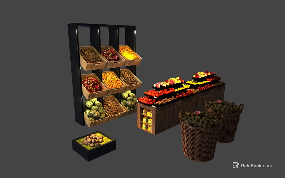 Organized Retail Display Shelves with Assorted Fresh Fruits and Wooden Fruit Baskets 3d model 