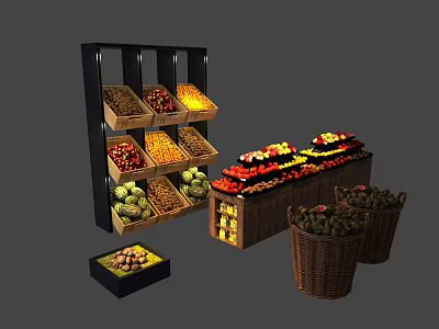 Organized Retail Display Shelves with Assorted Fresh Fruits and Wooden Fruit Baskets 3d model