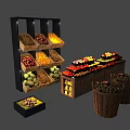 Organized Retail Display Shelves with Assorted Fresh Fruits and Wooden Fruit Baskets