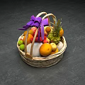 Delicious Assorted Fresh Fruits Arranged in Wicker Basket with Purple Ribbon